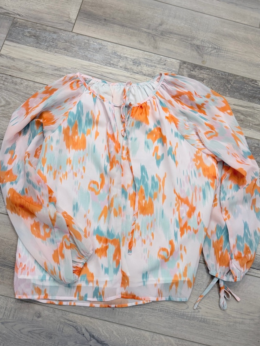Lightweight Abstract Print Peasant Blouse - Orange & Teal